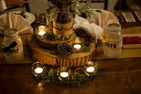 Wood slabs, wedding reception decor, wood centerpieces, tree rounds, . Wood Slab Centerpieces with Pine Cones