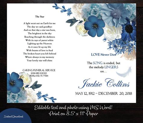 Blue Navy And Cream Flowers Floral Printable Memorial Program