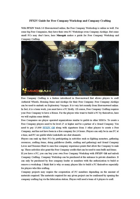 In this guide we will explain how to develop your airship and how to benefit from a strong airship. FFXIV Guide for Free Company Workshop and Company Crafting by Mmogh.com - Issuu