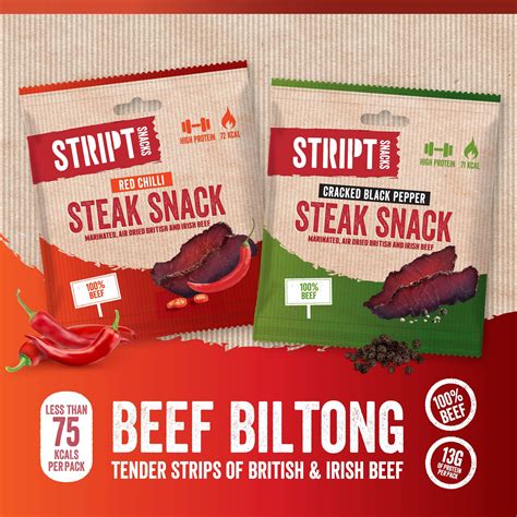 Stript Snacks Beef Biltong Red Chilli 10x25g Beef Biltong Strips