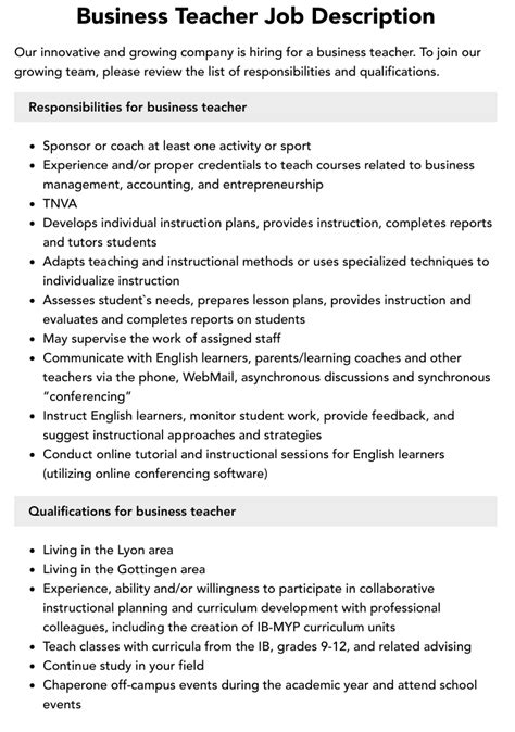 Business Teacher Job Description Velvet Jobs