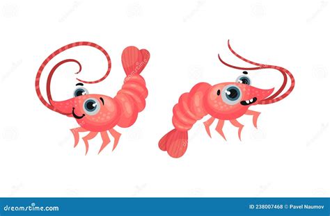 Set Of Cute Shrimps Funny Prawn Crustaceans Creatures Vector