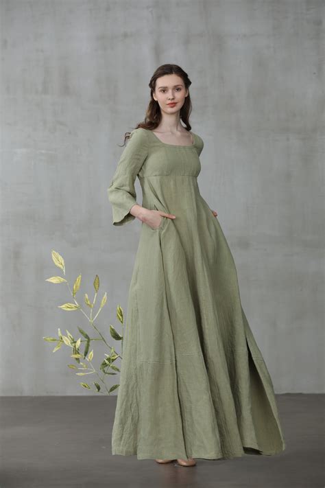 Medieval Dress Linen Dress Maxi Linen Dress Puff Sleeve Etsy Linen