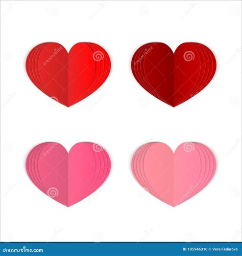 Set Of 4 Paper Heart Isolated On White Realistic 3d Folded Red And