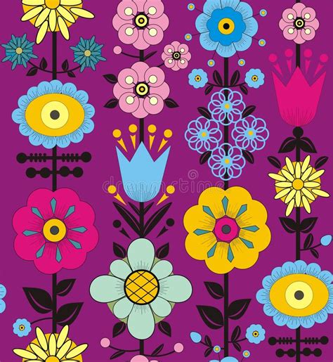Purple Pink Blue And Yellow Flowers And Leaves Stock Vector