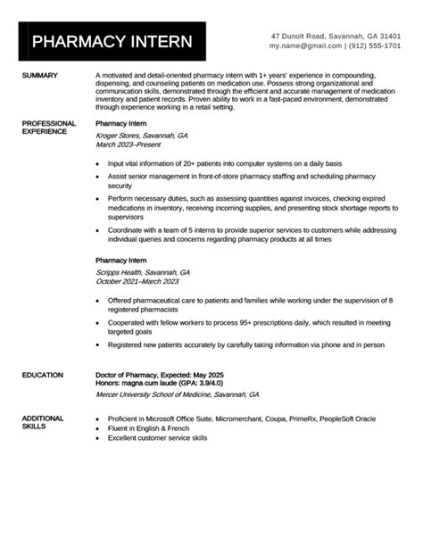 Pharmacy Intern Resume Example For Download