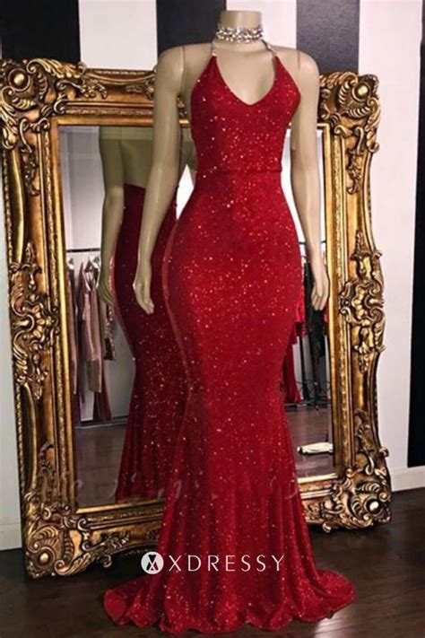 Red Glitter Spaghetti Straps Mermaid Prom Dress Xdressy