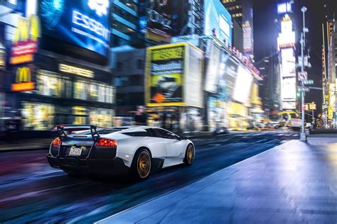 Car Times Square New York City Motion Blur Usa Night Lamborghini