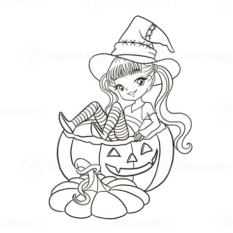 Cartoon Witch Halloween Kawaii Anime Coloring Page Cute Illustration