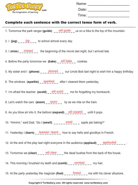 Write The Correct Tense Form Of Verbs Answer Verb Worksheets Past