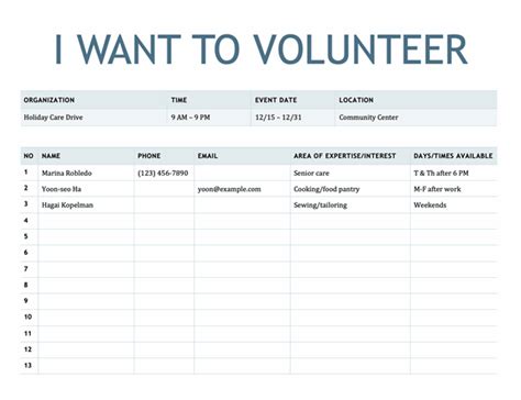 Volunteer Sign Up Sheet Printable