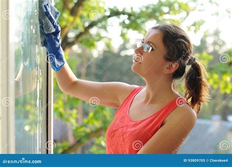Young Woman Washing Windows Stock Image Image Of Life Liquid 93809705