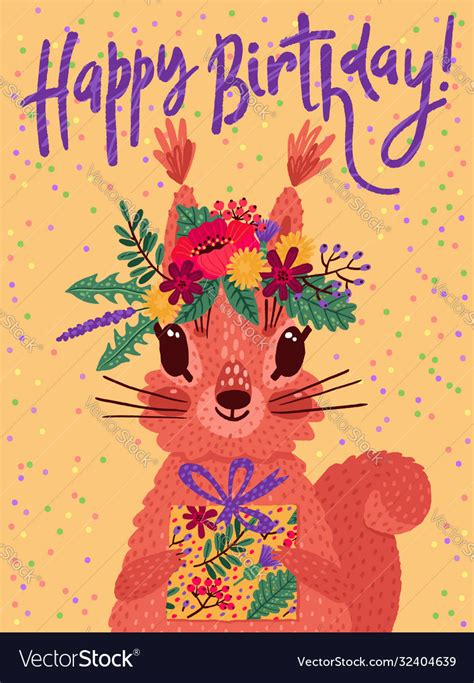 Colorful Happy Birthday Card With Cute Squirrel Vector Image