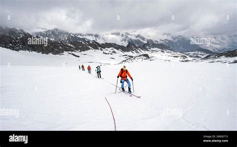 Ski Tourers Ascending The Rope Ascent To The Obere Kräulscharte