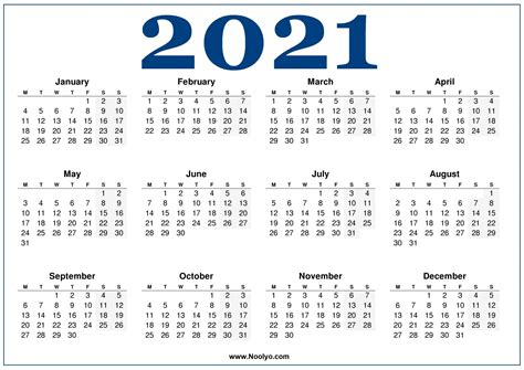 Printable Calendar 2021 Starts On Monday