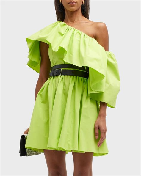 Saint Laurent One Shoulder Ruffle Satin Mini Dress Neiman Marcus