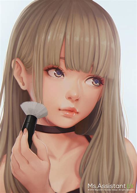 Safebooru 1girl Blonde Hair Brown Eyes Camisole Choker Closed Mouth Holding Brush Lips Long