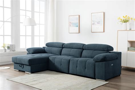 The navy blue performance fabric with padded armrests and a soft surface is enhanced with the left and right recliners and headrests that are powered on with push buttons. Sabrina Blue Left Chaise Reclining Sectional with Storage ...
