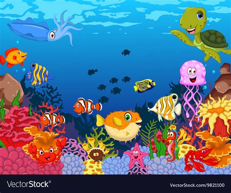 Funny Sea Animals Cartoon Set With Sea Life Vector Image