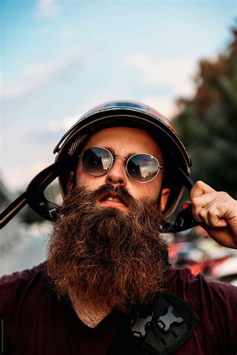 Portrait Of Hipster Bearded Biker In The Street Casual Attitude By