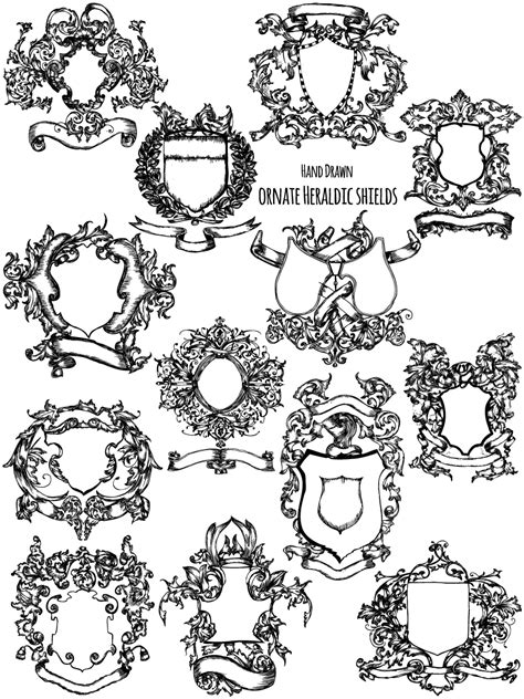 Hand Drawn Ornate Heraldic Shield Vector And Brush Pack 01