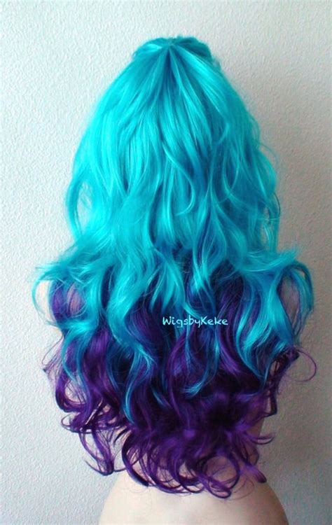 Purple Teal Ombre Wig 26 Curly Hair Side Bangs Wig Etsy Blue