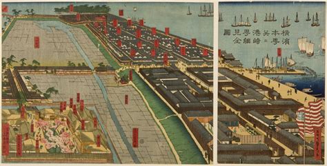 Utagawa Sadahide Triptych Detailed Print Of Yokohama Hon Chô And The