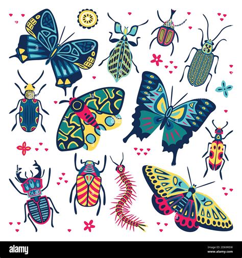 Bright Multicolor Butterfly Beetles And Bugs Set Vector Flat Cartoon