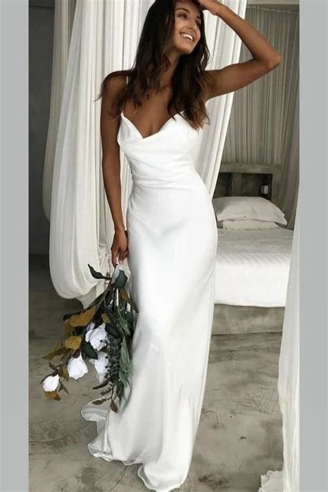Elegant Mermaid Cowl Neckline White Simple Wedding Dresses Spaghetti