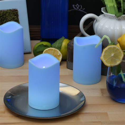 Blue Outdoor Flameless Pillar Candles Set Of 3 Outdoor Lighting