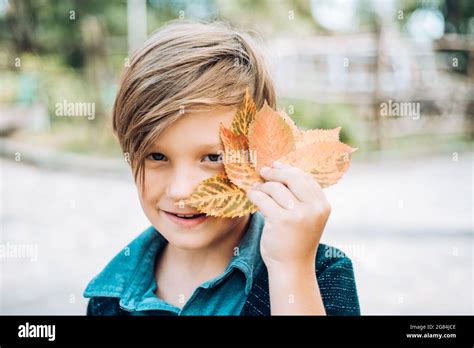 Autumn Child Boy With Autumnal Mood Boy On A Breeze In An Autumn