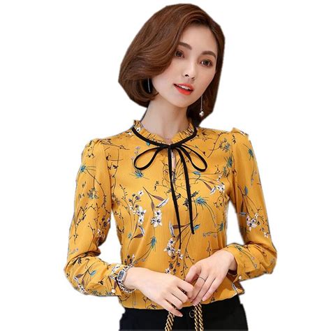 Long Sleeve Blouse Shirt Women Flower Printed Chiffon Tops Female 2017 Autumn Korean Ladies