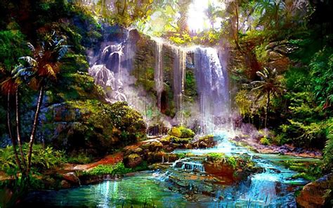 Beautiful Abstract Beautiful Forest Waterfalls 3 Sizes Silk Fabric