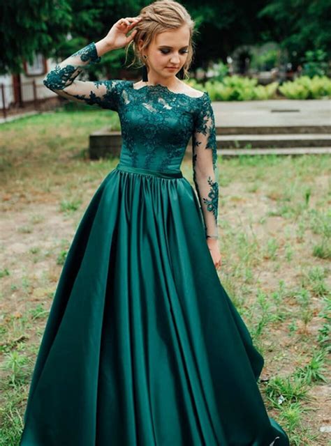 Green Satin Long Sleeve Lace Prom Dress Green Lace Formal Dress In Prom Dresses Long