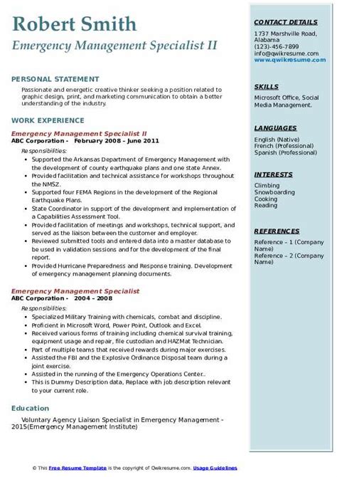 Senior executive, deans, directors, managers and supervisors have an overall collective responsibility for the implementation of the emergency management plan: Emergency Management Specialist Resume Samples | QwikResume