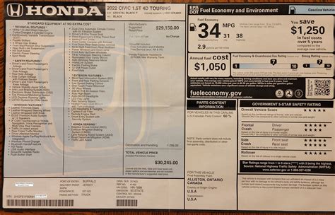 2022 Honda Civic Touring window sticker | 11th Gen Civic Forum