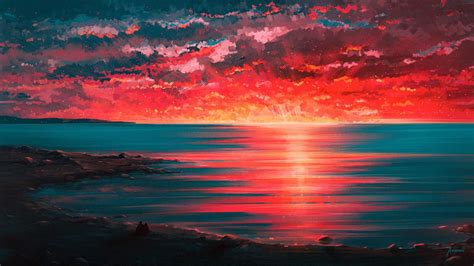 Seaside Aenami 1920x1080 Sunset Painting Sunset Wallpaper Art