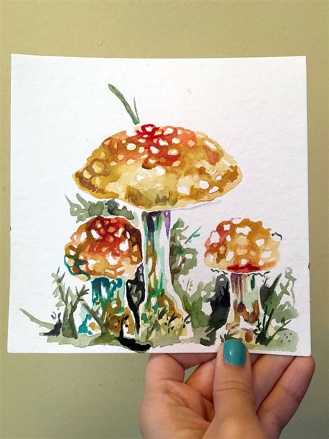 Mushroom Art In Watercolor Original Painting Of Yellow Mushrooms