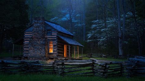 Log Cabin In The Forest At Night Image Abyss