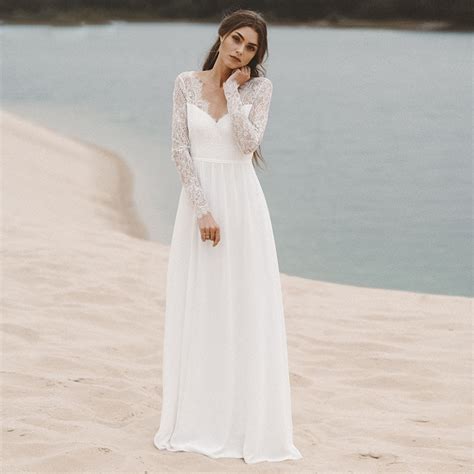 Simple Beach Reception Wedding Dress Long Sleeve Lace Top