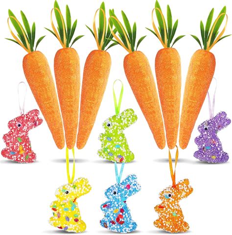 Easter Bunny Carrot Hanging Ornaments 12pcs Rabbit Glitter