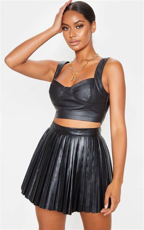 Black Faux Leather Pleated Skater Skirt Skater Skirt Mini Skirts Leather Pleated Skirt