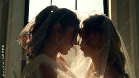 4k Portrait Of Beautiful Asian Woman Lesbian Couple In Wedding Dress
