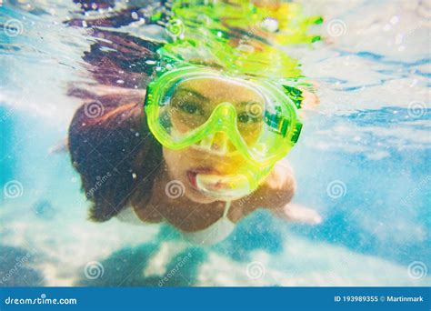 Snorkel Water Sport Activity Young Asian Woman Swimming Underwater With
