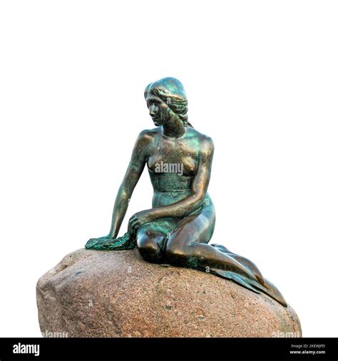 Bronze Little Mermaid Statue In Copenhagen Isolated Front View Famous