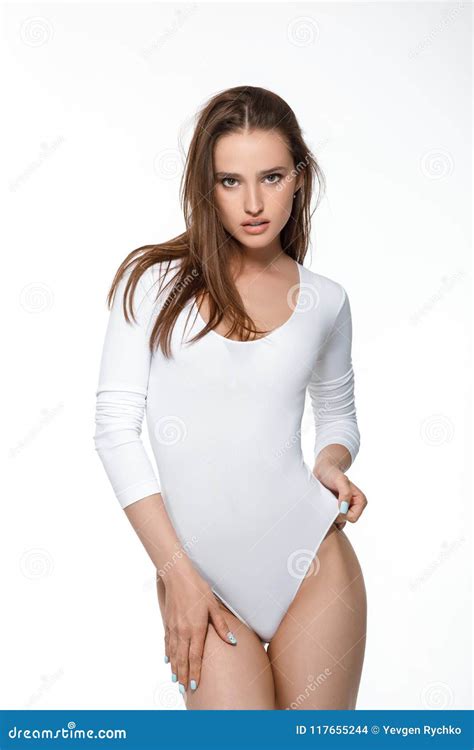Beautiful Woman With Perfect Body In White Bodysuit Stock Photo Image