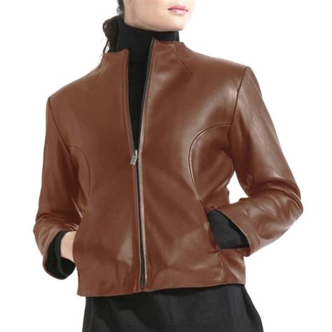 Shop Womens Brown Collarless Leather Jacket With Zip Out Liner Free