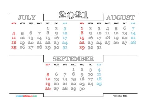 Free July August September 2021 Calendar Printable 214855