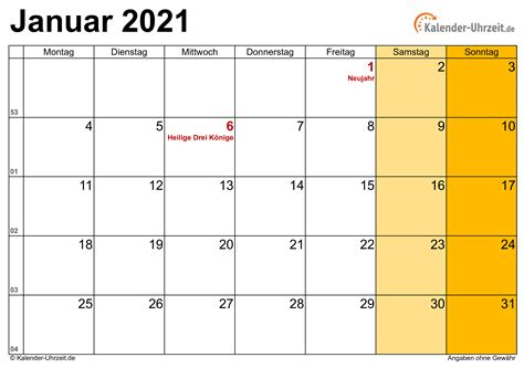 Kalender 2021 kostenlos downloaden und ausdrucken. Januar 2021 Kalender mit Feiertagen
