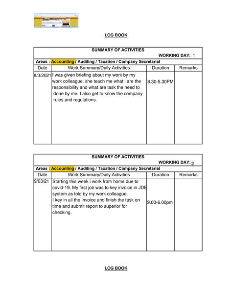 Log Book 1 Practical Log Book Summary Of Activities Working Day
